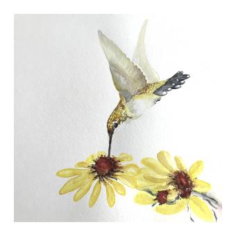 a painting of a yellow and green hummingbird hovering over several yellow daisies with brown centers