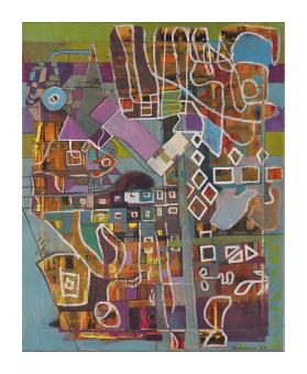 abstract acrylic painting using white outlined geometric and organic shapes and an array of colors