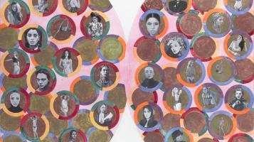 Abstract painting of two pink circles filled with colorful smaller circles, some filled with images of people's faces.