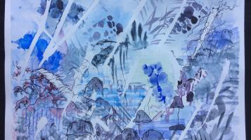 abstract ink and watercolor painting of organic shapes with colors of blue, purples, and greys