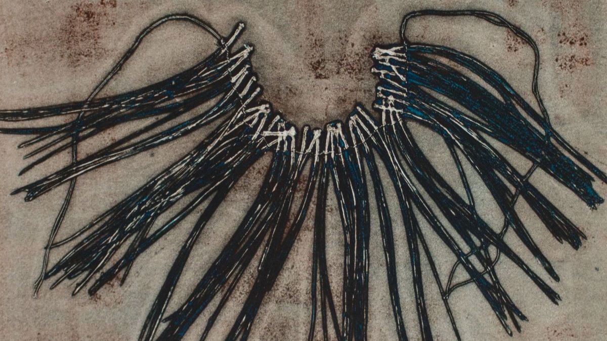 A monotype of a necklace composed of long, brown leather fringe with a beaded collar on a mottled beige background.