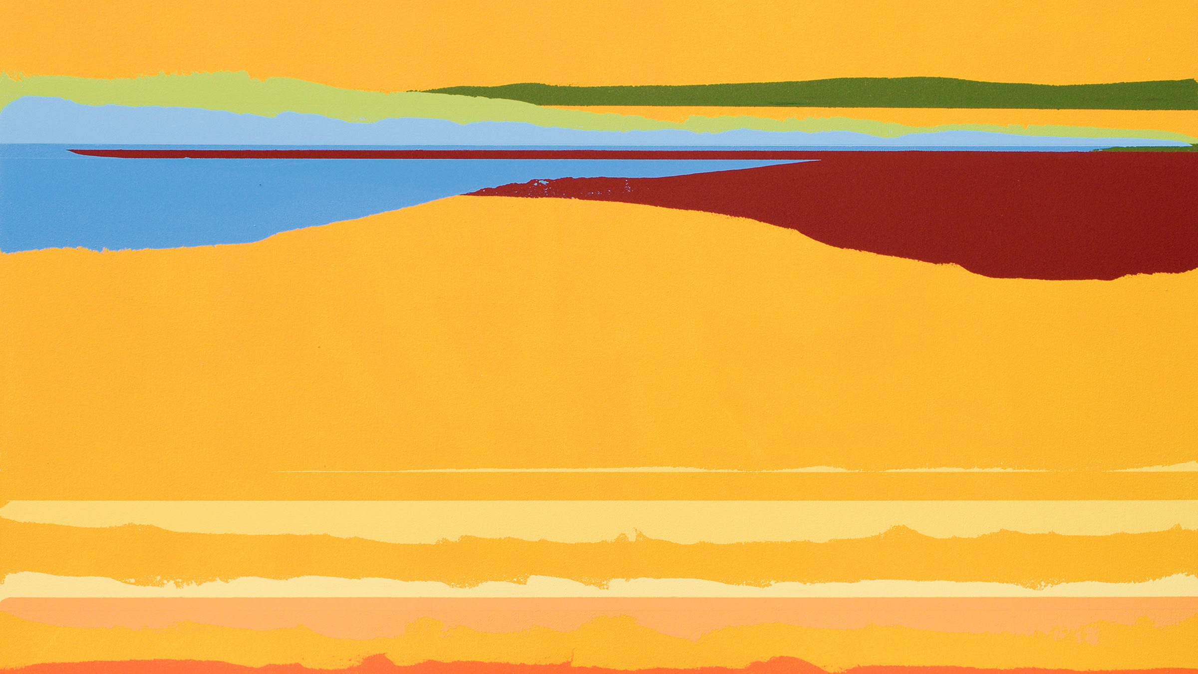 A painting with undulating horizontal bands of colors that resemble an abstracted landscape– a large block of yellow, several stripes of lighter yellow, reddish brown, sky blue, and a thin band of grass green.