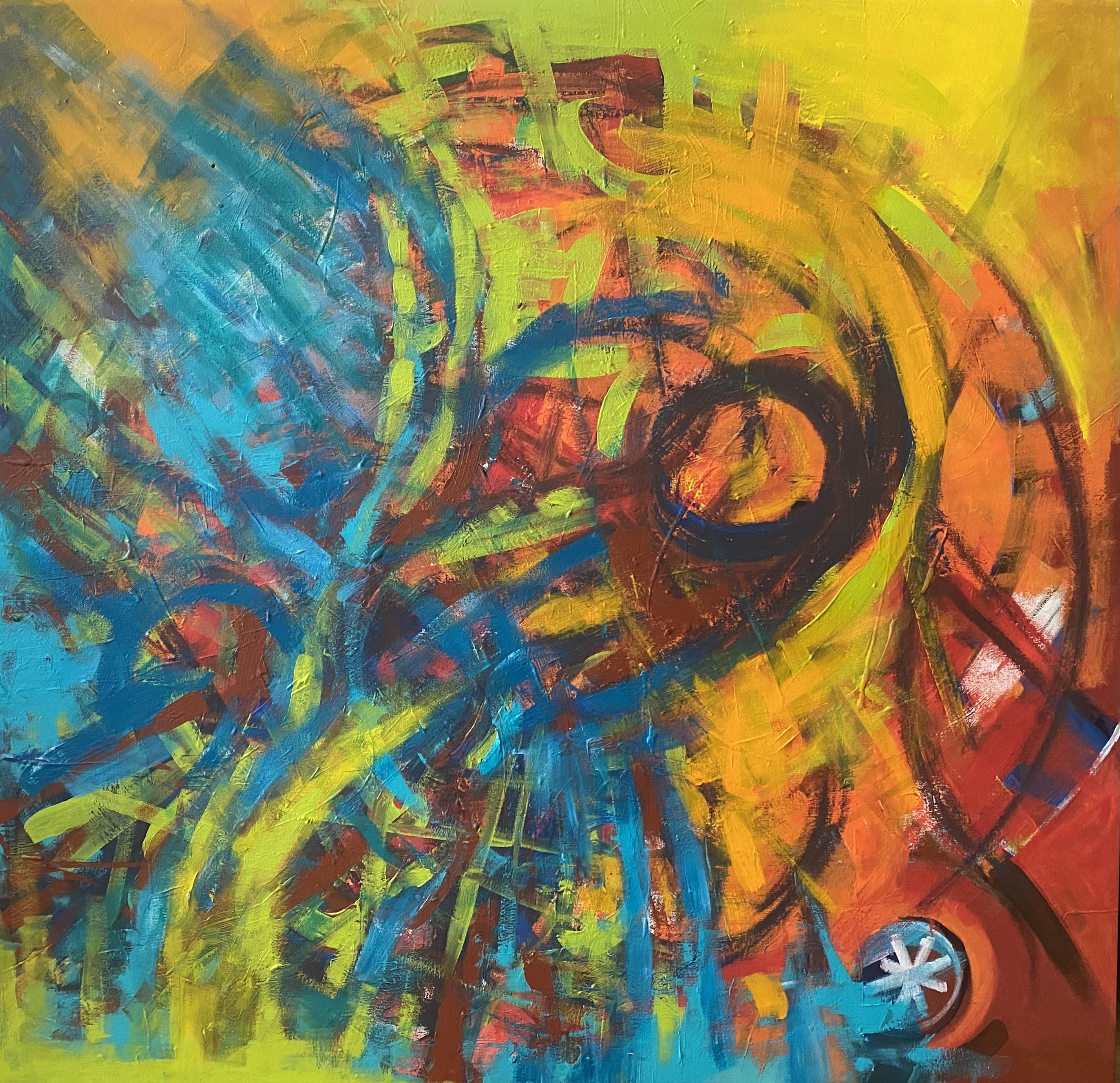 An abstract painting with blue and yellow swirls overlaid on red and orange.