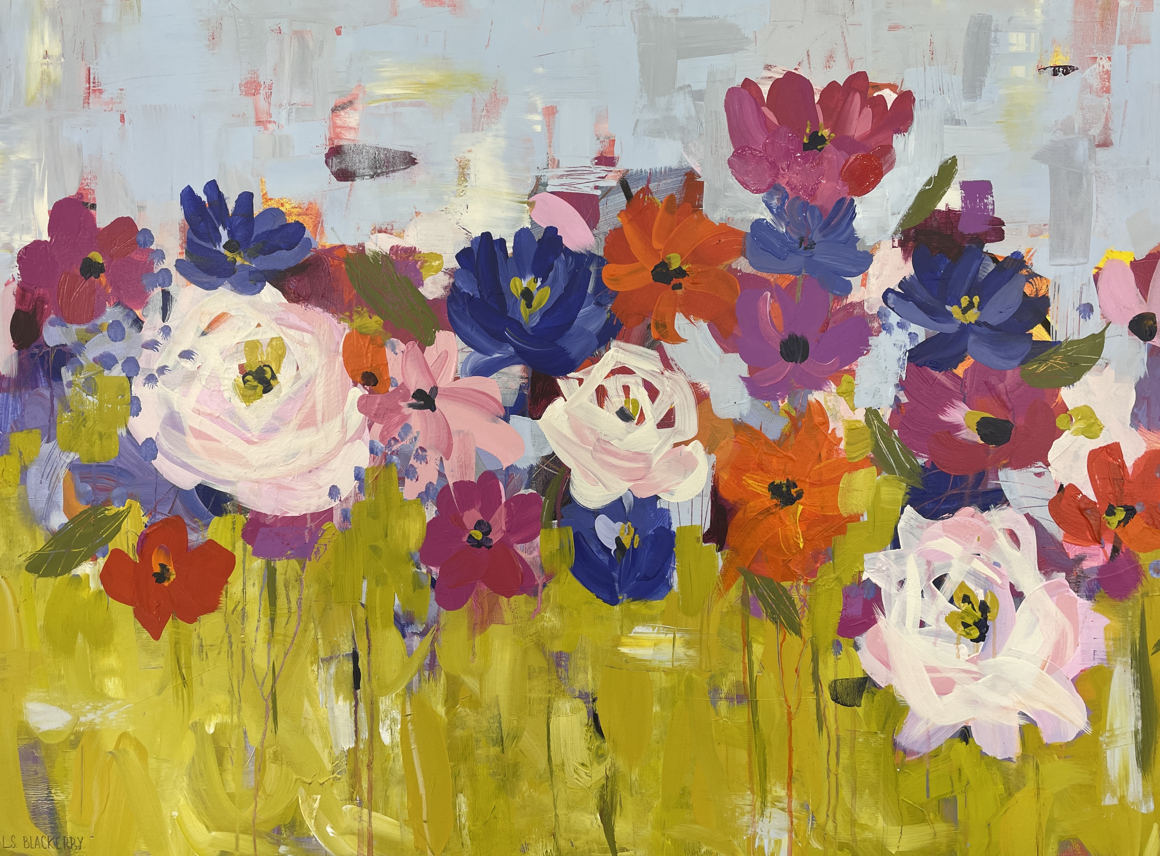 An impressionist painting of bright flowers