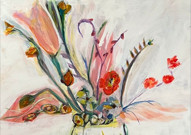 Detail of a painting of colorful flowers.