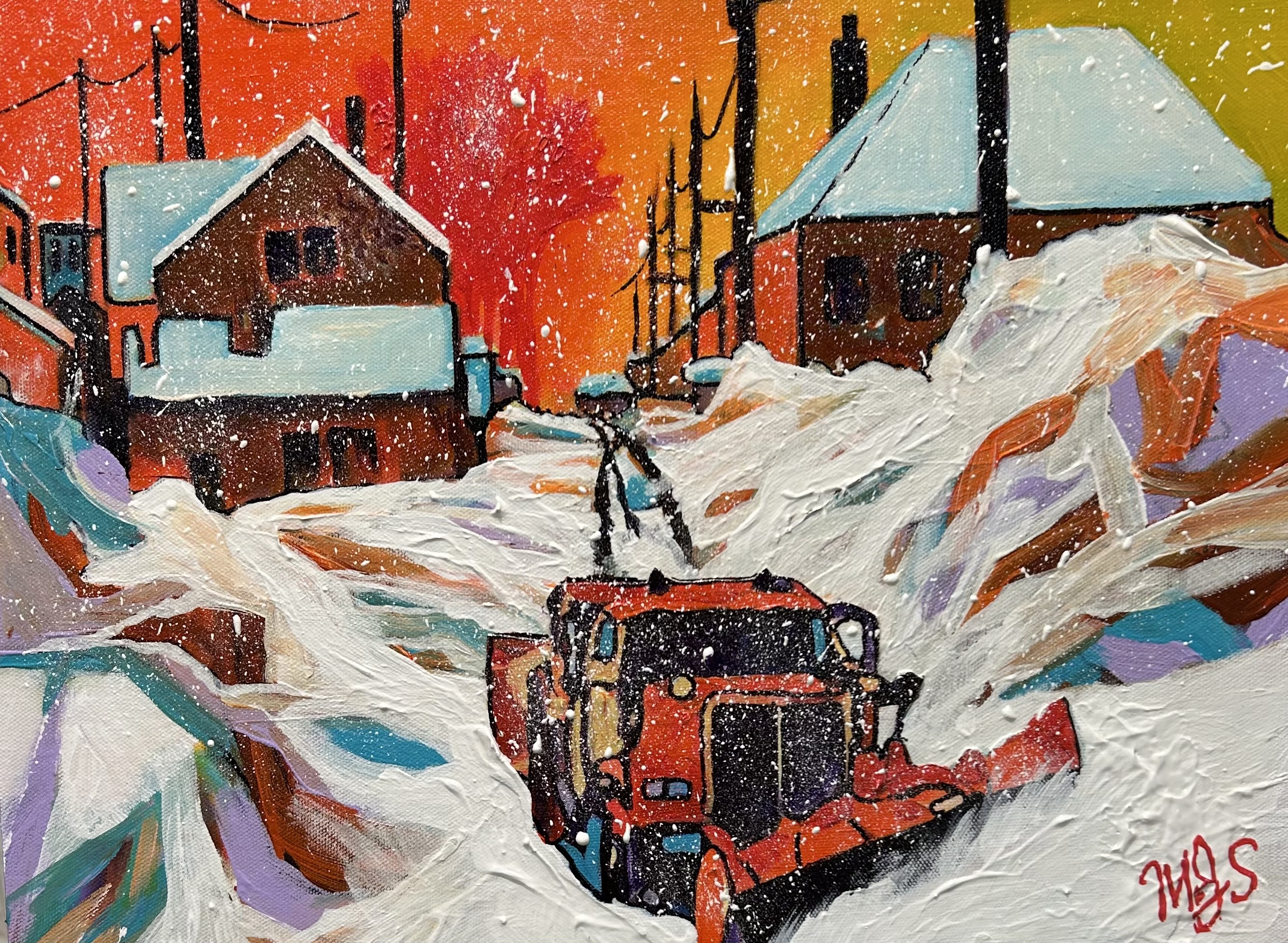 Abstract painting of snow covered street with an orange and yellow background.