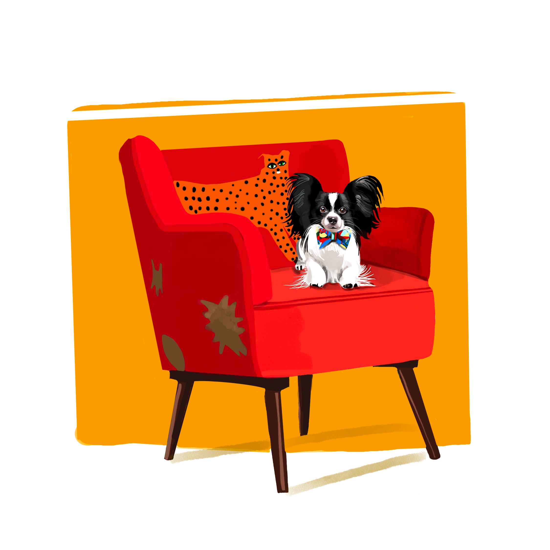 Painting of little dog with bowtie sitting in a red patterned chair featuring an orange background.