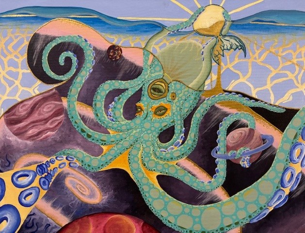 abstract painting of an octopus in a dreamlike landscape filled with bright colors and patterns.