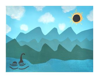 A screenprint of abstracted mountains and a lake with champ, the lake monster, and a black moon eclipsing the sun above.