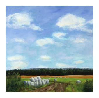 oil on canvas of hay bales in a wide green field with a blue sky overlooking it