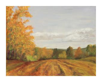 oil on canvas of fall foliage on a field with trees