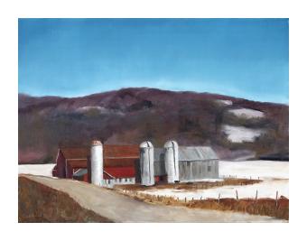 oil on canvas of a barn with silos and a mountain in the back.