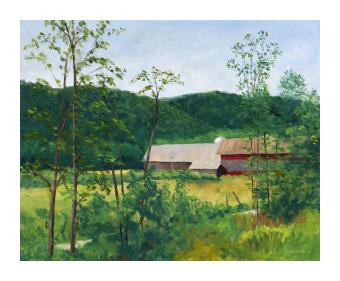 oil on canvas of a house on a green landscape with mountains in the distance.