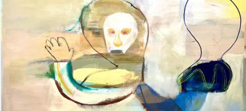 A painting of a ghostlike abstracted human face and arm, with another cruder outline of a head and arm against a background of beige, peach, white, and yellow blended together in a dreamlike way.