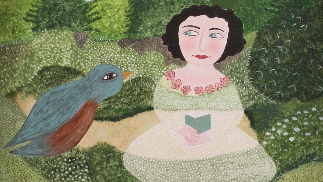 A stylized figurative painting of a woman with short brown hair wearing a white dress trimmed with roses at the neckline, holding a small blue book. Her body is slightly transparent, allowing the lush green landscape in the background to show through. A robin that is almost as large as the woman sits next to her and leans forward.