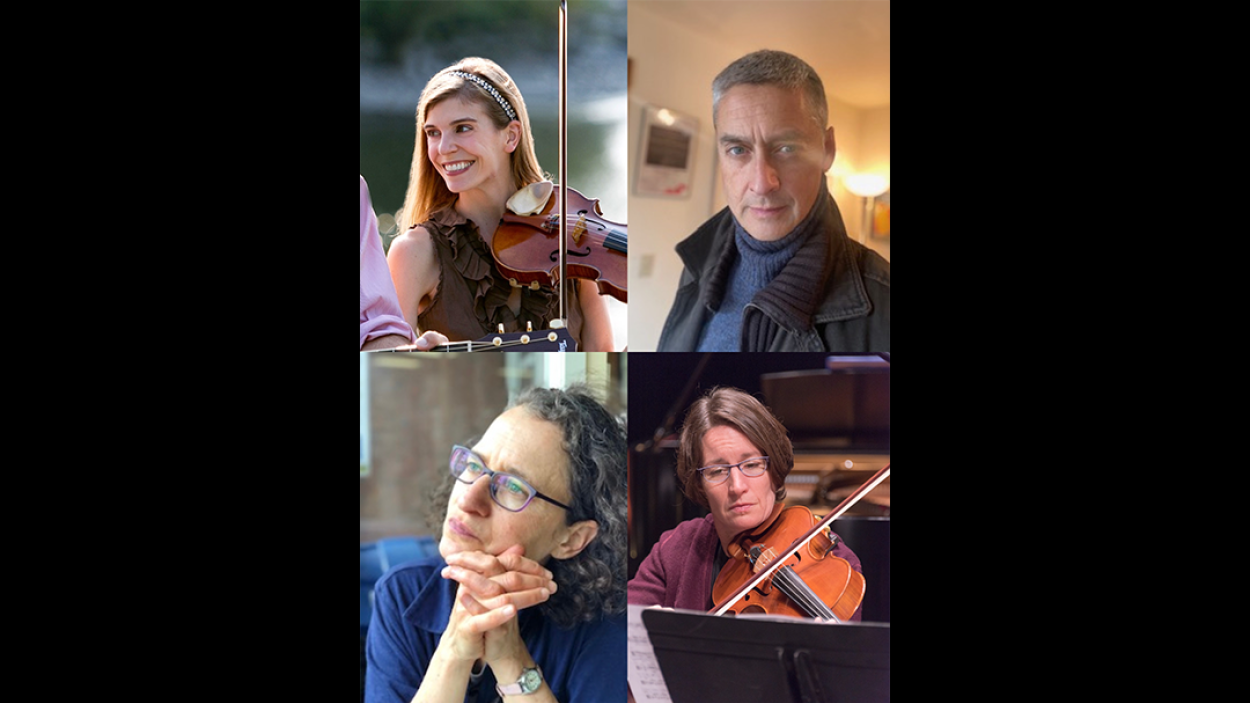 Photographs of four people collaged together on a black background. In the top left alight skinned woman with long brown hair plays a violin. In the top right is a light skinned man with short grey hair. In the bottom right a light skinned woman with short, brown hair plays the violin. In the bottom left a light skinned woman with curly grey brown hair leans her head on her hands