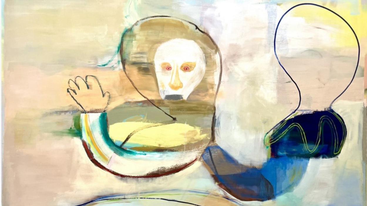 A painting of a ghostlike abstracted human face and arm, with another cruder outline of a head and arm against a background of beige, peach, white, and yellow blended together in a dreamlike way.