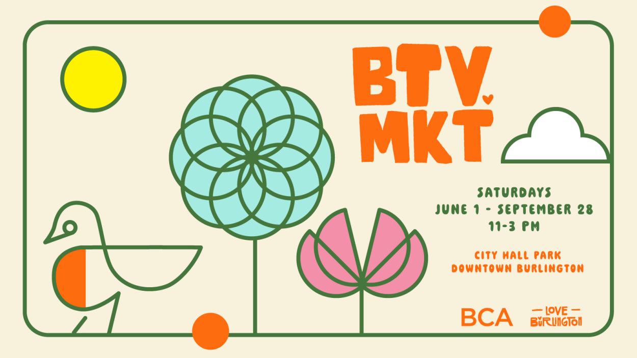 Title card for BTV MKT featuring a line drawn bird, tree, flower, and sun with cloud